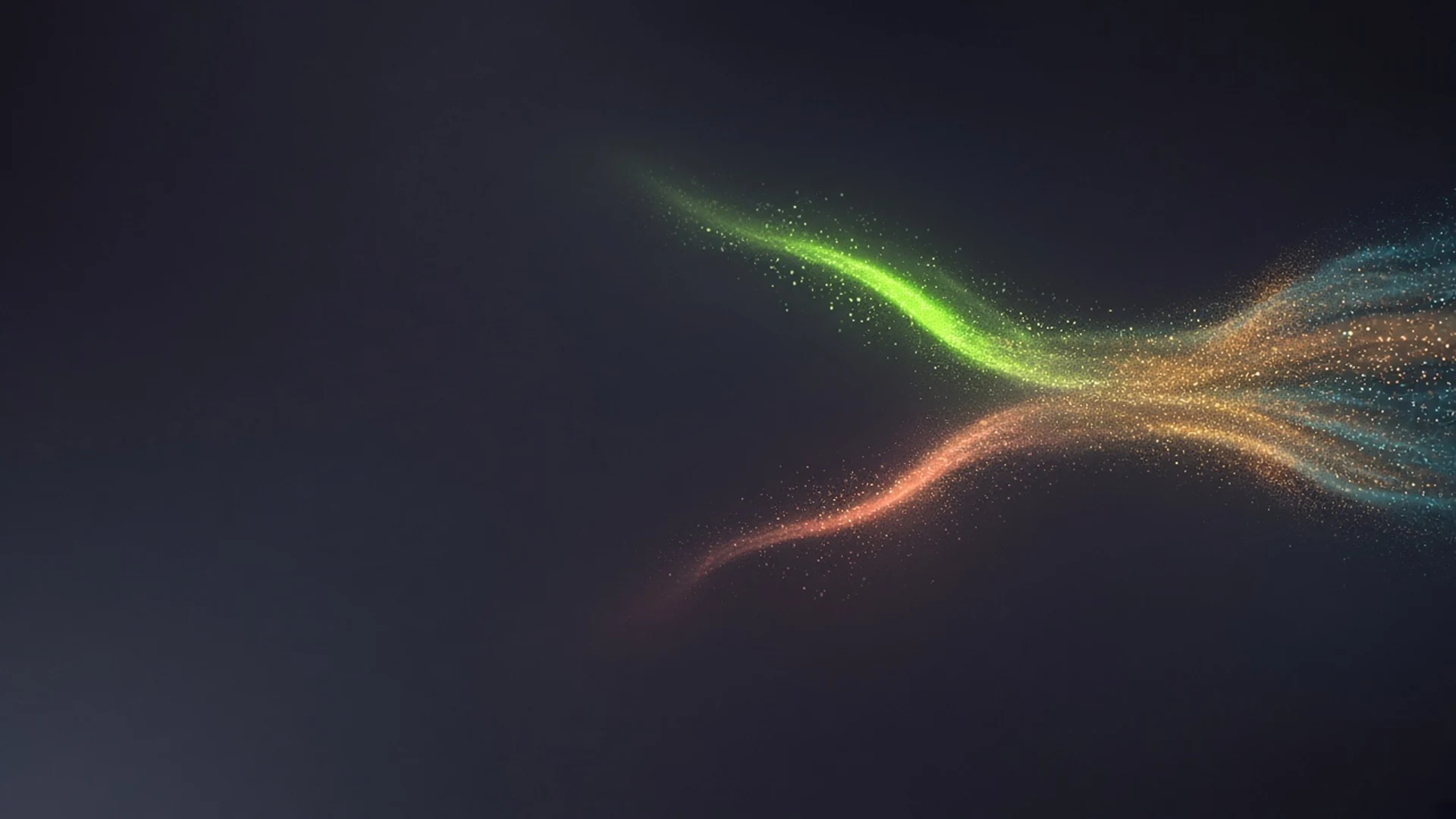 A drifting stream of amber and teal particles splits into two paths, one bright green and one dim coral, against a dark charcoal sky.
