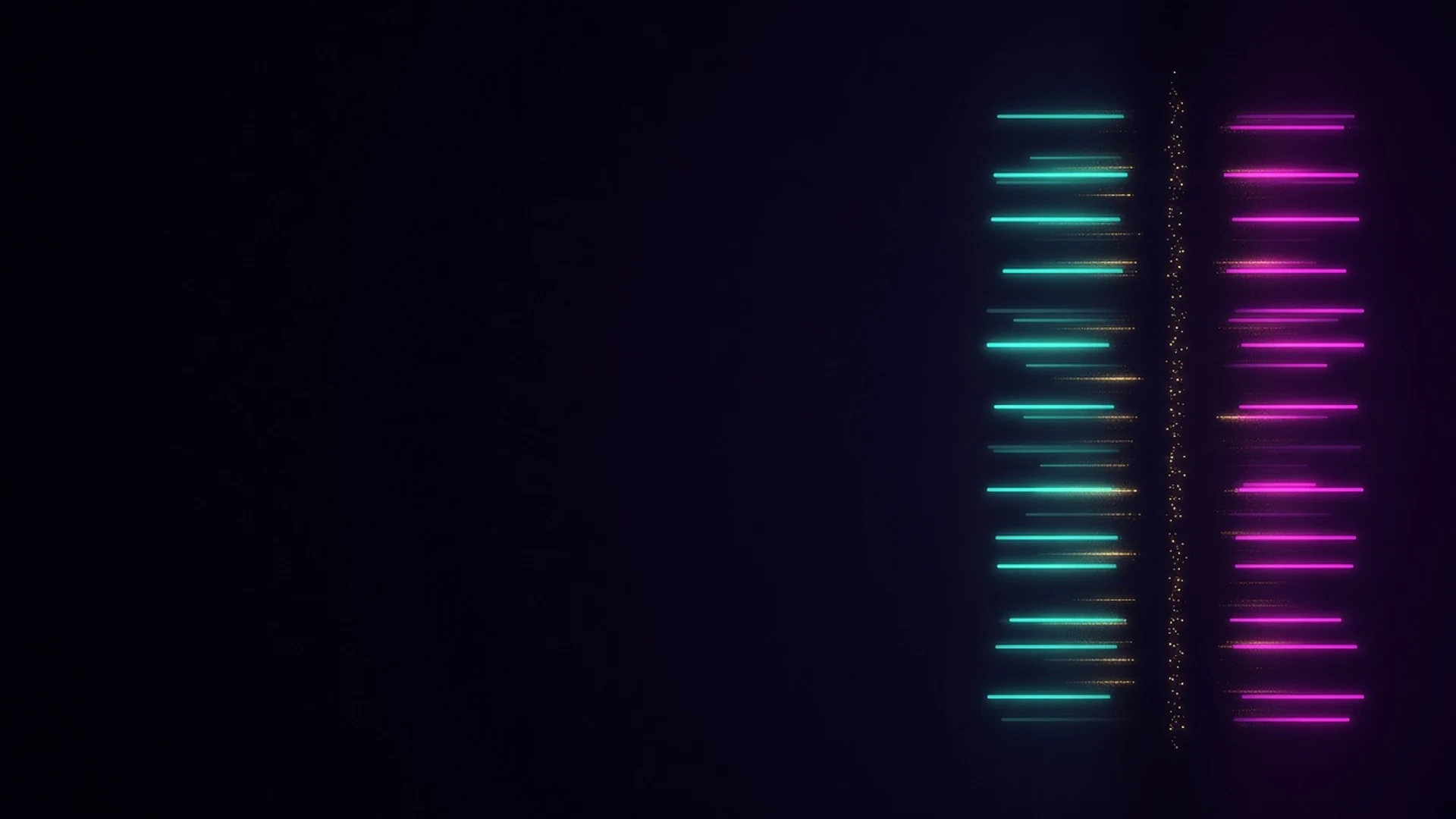 Two columns of glowing horizontal light bars, one teal and one pink, stand apart on a near black background with a thin trail of gold sparks drifting between them.