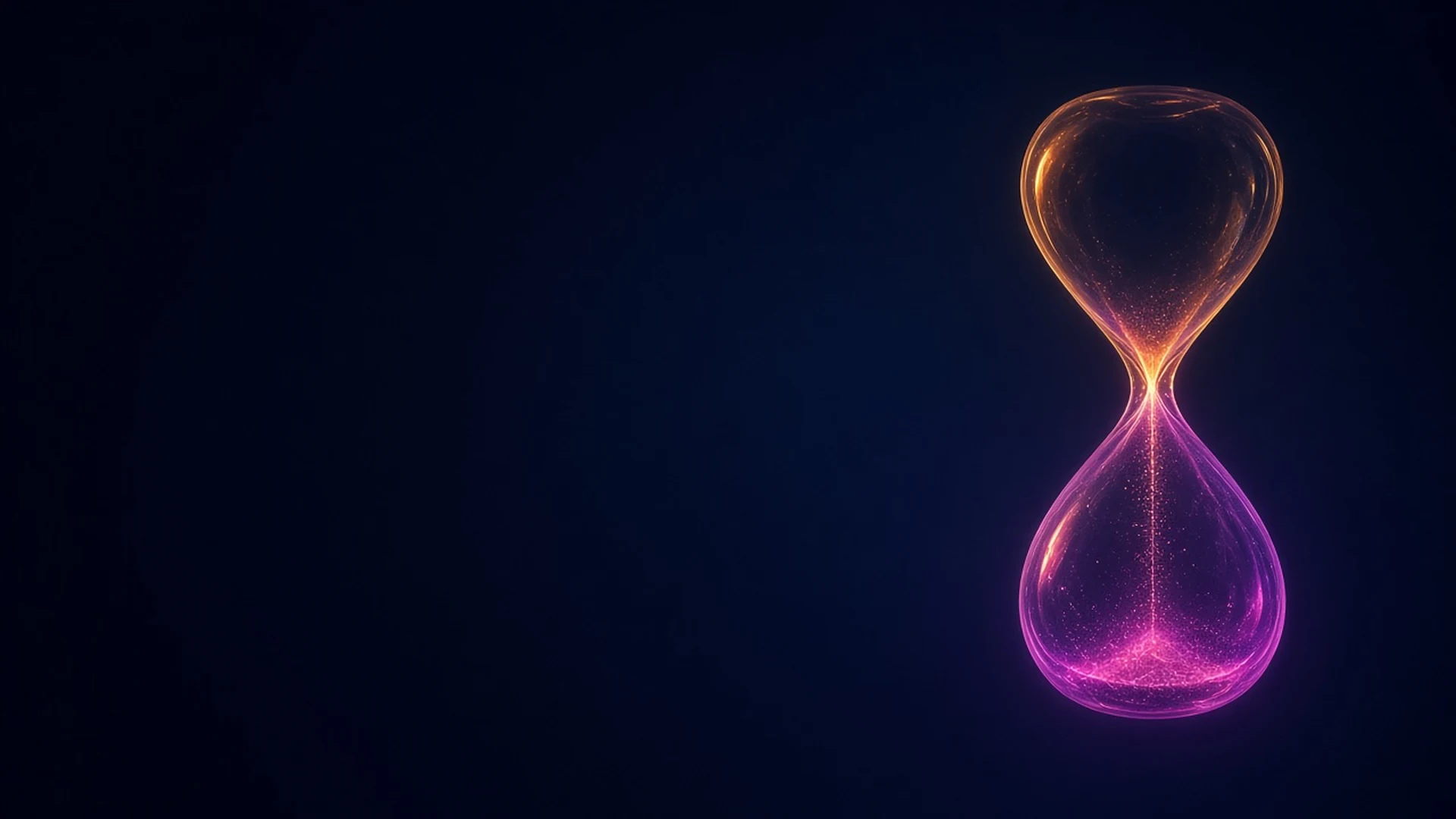 A glowing amber and magenta hourglass made of light stands on a dark navy background, its falling stream of sparks thinned to a faint trickle.