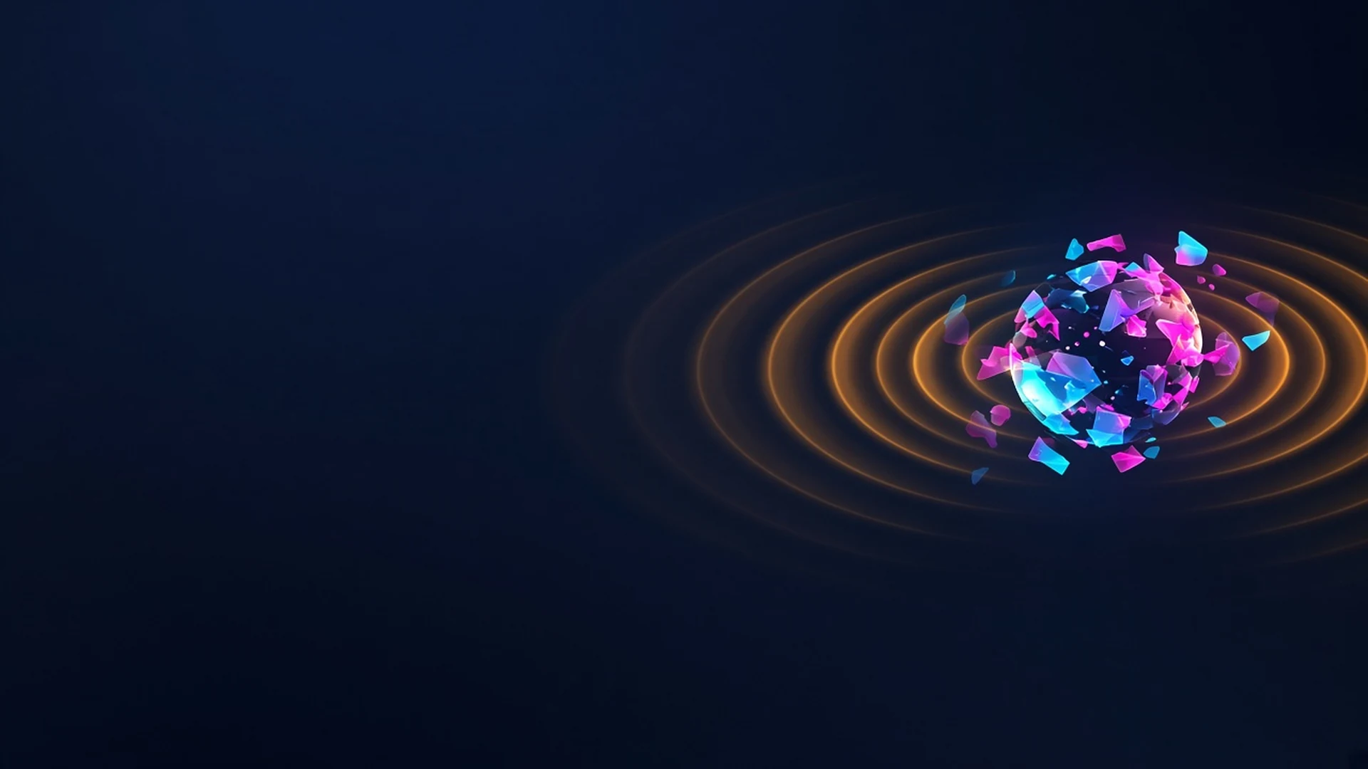 A small luminous world of cyan and magenta shards assembles itself while amber sound ripples reshape it, on a dark navy background.
