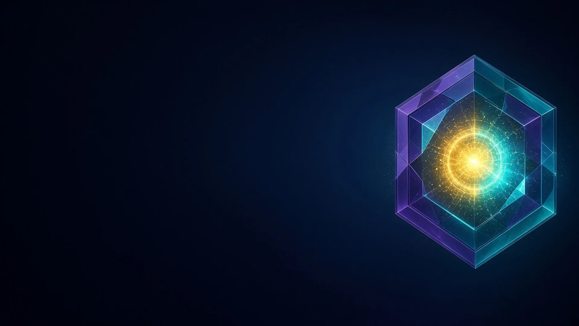 A golden core of light glows behind a hexagonal crystalline shield of teal and violet facets on a dark navy background.