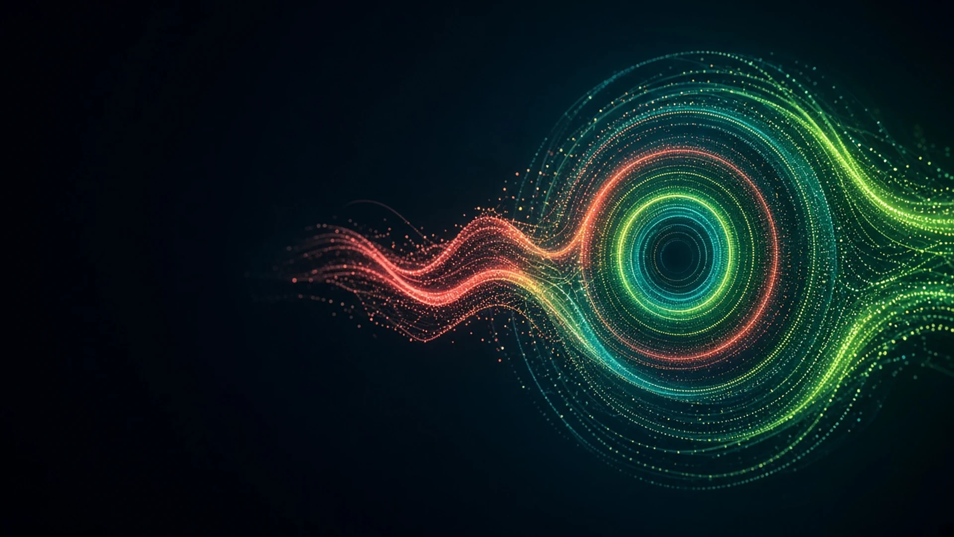 A coral stream of glowing particles flows into concentric teal and green rings that ripple outward like sound, on a near black background.